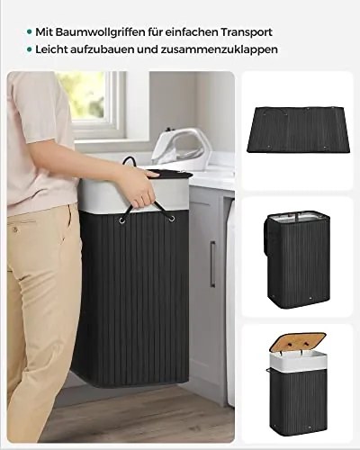 Bambusový kôš na bielizeň, 80x40x30cm, čierny