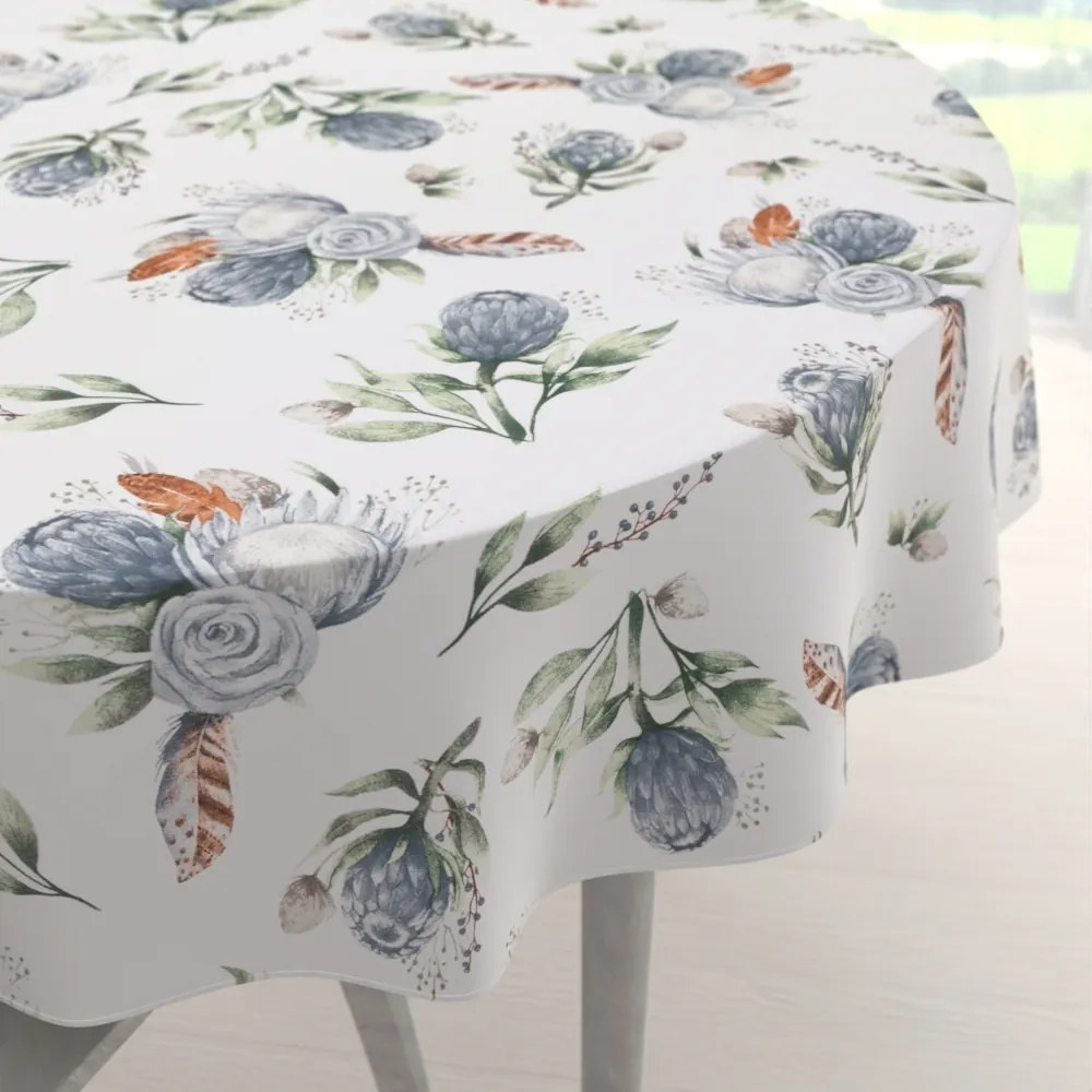 Biante Bavlnený okrúhly obrus Sandra SA-707 Modré kvety Protea na bielom Ø 140 cm