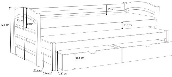 Detská posteľ z masívu borovice MONI s prístelkou a šuplíky - 200x90 cm - PRÍRODNÁ BOROVICA