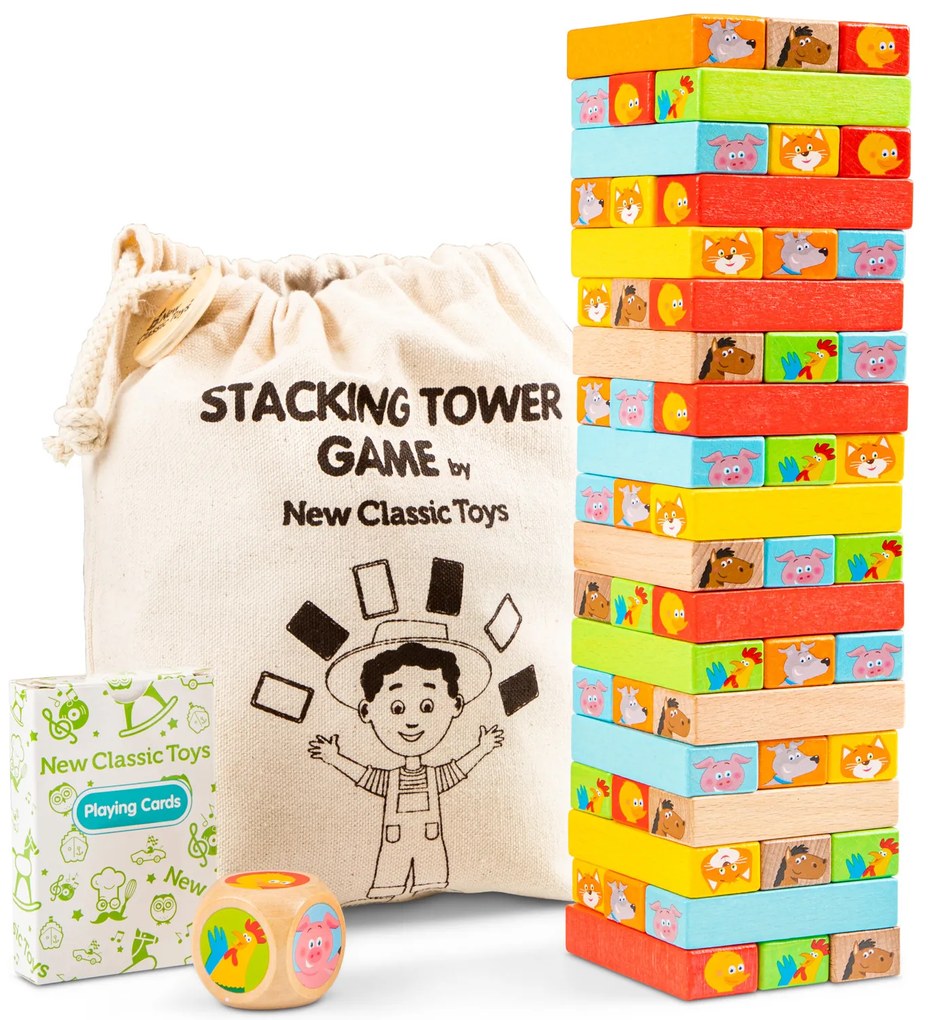 Drevená veža Jenga so zvieratkami