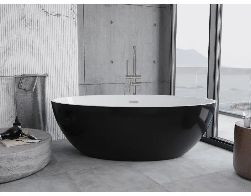 Mexen Nike, voľne stojaca vaňa 175 x 100 cm, biela-čierna, oceľový prepad, 54071751075-97