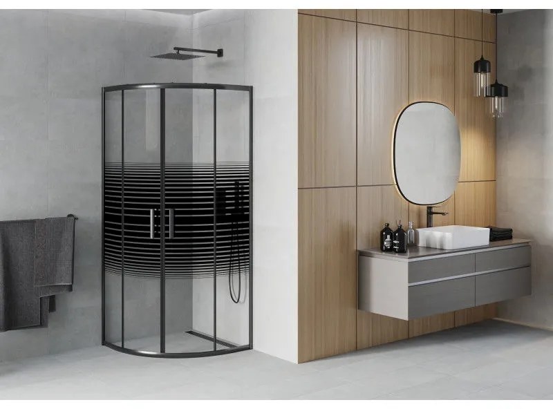 Mexen Rio, štvrťkruhový sprchovací kút s posuvnými dverami 70(dvere) x 70(dvere) x 190 cm, 6mm číre sklo s pásikmi, čierny profil, 863-070-070-70-20