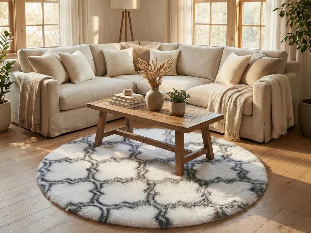 TZ Biely okrúhly vzorovaný koberec shaggy Decor Latern Rozmer: 140 cm