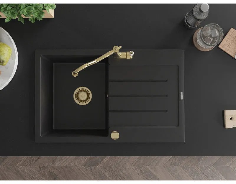 Mexen Bruno, granitový drez 795x495x200 mm, 1-komorový a drezová batéria Carla, čierna, 6513-77-670700-50