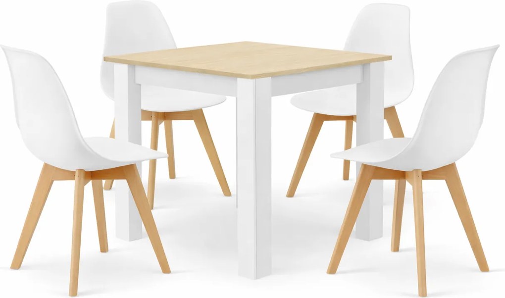 Jedálenský set: Stôl NP 80×80 cm sonoma/biela + 4 ks KITO stoličky, čierna/prírodné nohy