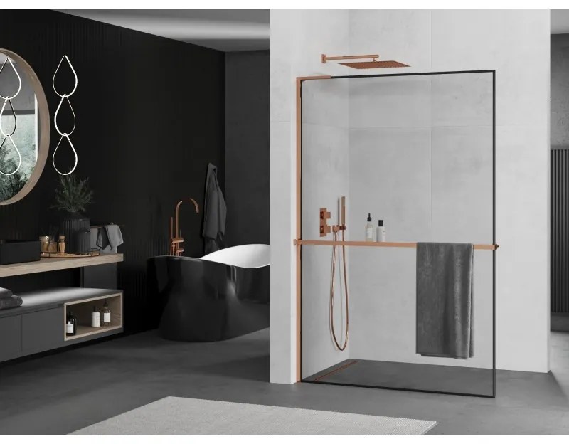 Mexen Kioto+ L, sprchová zástena Walk-In s poličkou a vešiakom 90 x 200 cm, 8mm číre sklo čierny vzor, ružové zlato profil, 800-090-123-60-70