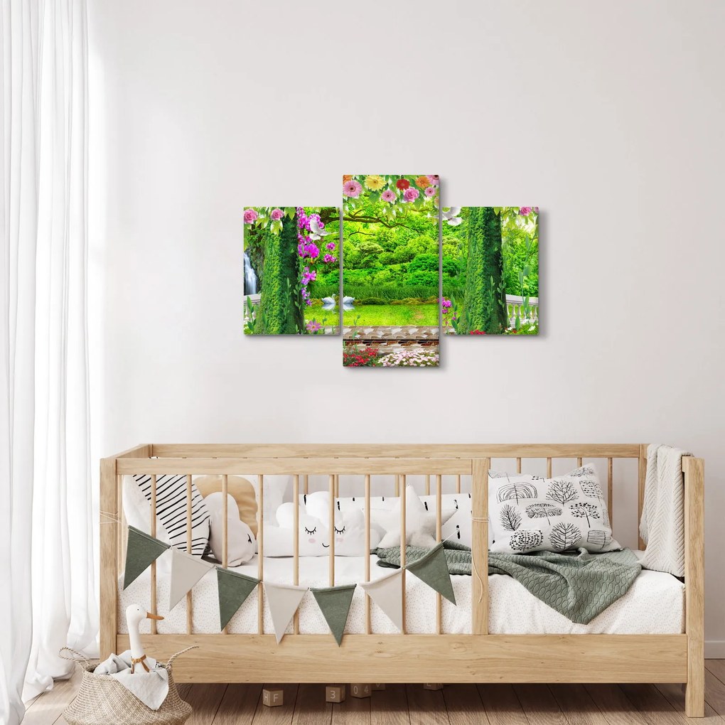 Obraz - Čarovná záhrada s labuťami (90x60 cm)