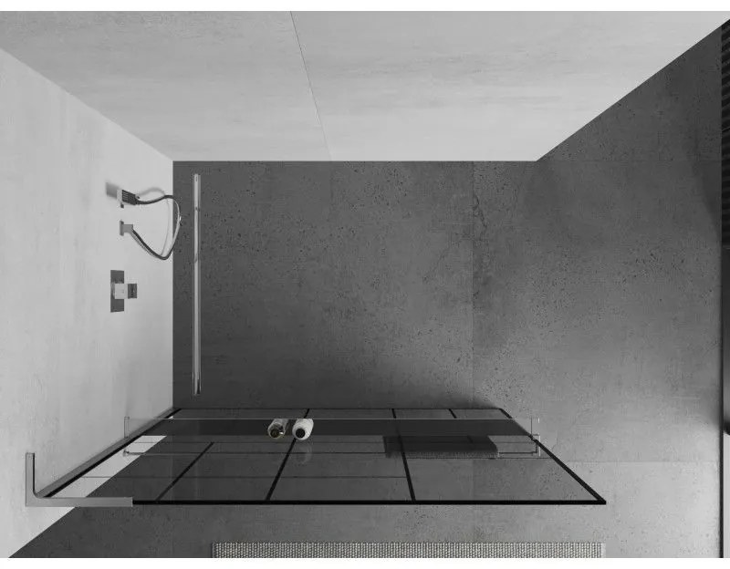 Mexen Kioto+ L, sprchová zástena Walk-In s poličkou a vešiakom 110 x 200 cm, 8mm číre sklo čierny vzor, chrómový profil, 800-110-123-01-78