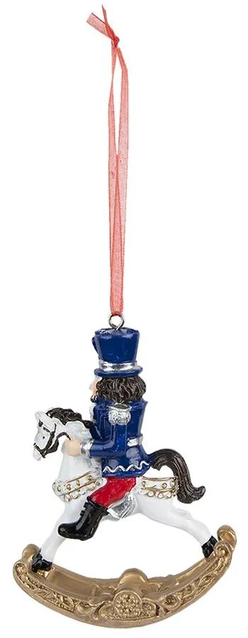 Závesná vianočná ozdoba Luskáčik v modrom na hojdacom koníkovi - 7*2*10 cm