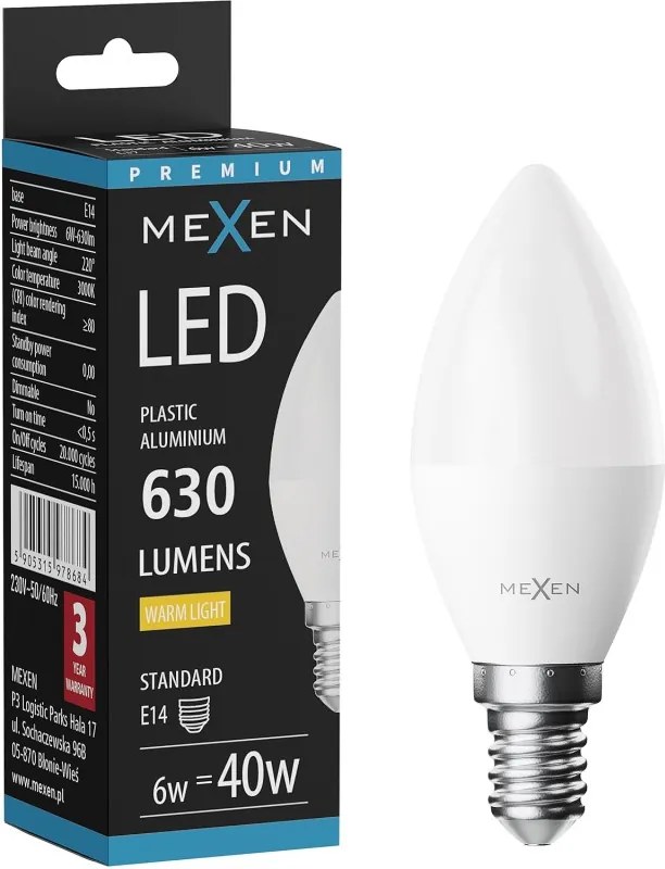 Mexen Nova, LED žiarovka E14, C37, 5W, teplá - 3000K, 525 lm - L102-E14-0530-01