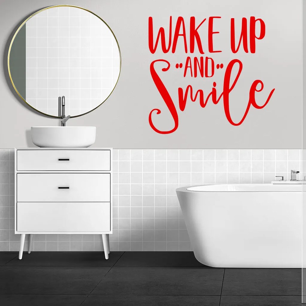 Veselá Stena Samolepka Nápis Wake up and Smile Farba: růžová, Veľkosť: 60 x 56 cm