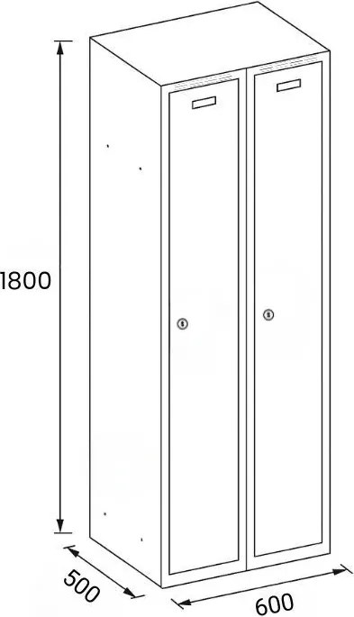 Plechová šatníková skrinka S8 na sokli, 2-dverová, 1800 x 600 x 500 mm, otočný zámok, tmavo sivé dvere