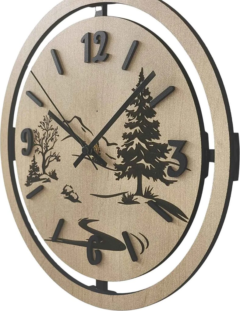 Nástenné hodiny Lesná krajina gravírované | PUPOU: HDF - Javor 30 cm 4795-115320 HDF0607-čiene-ruky