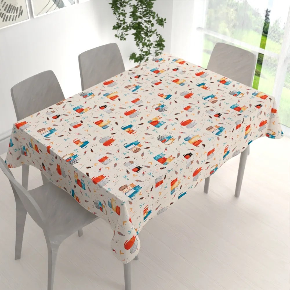 Biante Detský bavlnený obdĺžnikový obrus Sandra SA-655 Mačací svet modro-červený na krémovom 120x140 cm