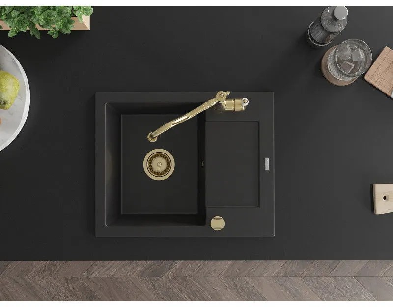 Mexen Enzo, granitový drez 576x465x174 mm, 1-komorový a drezová batéria Carla, čierna, 6506-77-670700-50