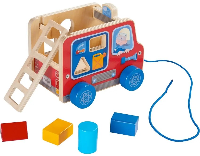 Ťahacia hračka s vkladacími tvarmi - hasičské vozidlo