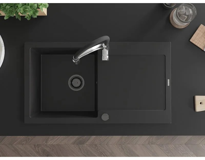 Mexen Leo, granitový drez 900x500x190 mm, 1-komorový a drezová batéria Aster, čierna, 6501-77-73450-07-B
