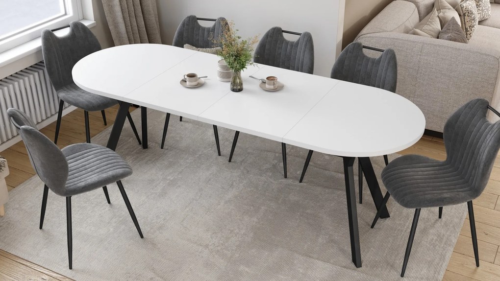 Mazzoni ALMO Biely mat / čierne nohy - OVÁLNY ROZKLADACÍ STÔL 140-240 cm PRE 10-12 OSÔB