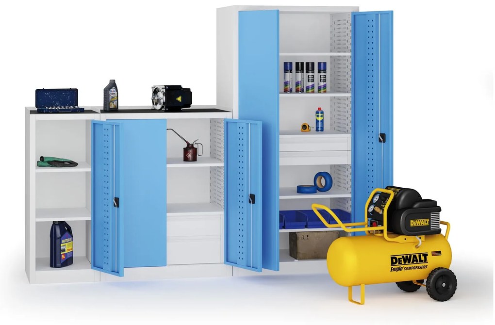 Policová dielenská skriňa 2-dverová, 2 police, 1180 × 950 × 500 mm, modré dvere