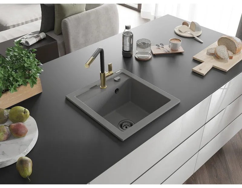 Mexen Vito, 1-komorový granitový drez 490x520x210 mm a drezová batéria Flora, šedá, 6503-71-670401-57-B