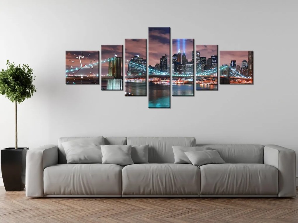 Gario Obraz s hodinami Panoráma Manhattanu - 7 dielny Rozmery: 210 x 100 cm