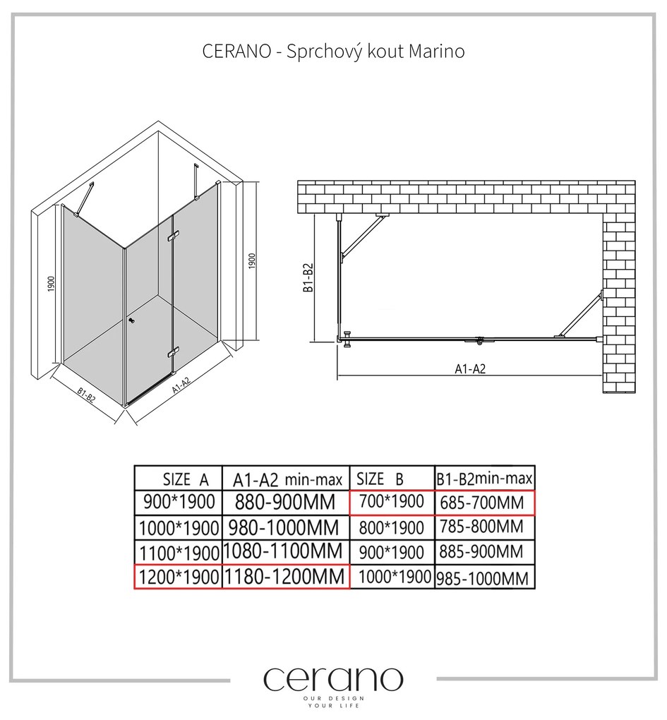 Cerano Marino, sprchovací kút 120(dvere) x 70(stena) x 190 cm, 6mm číre sklo, čierny profil, CER-CER-422898