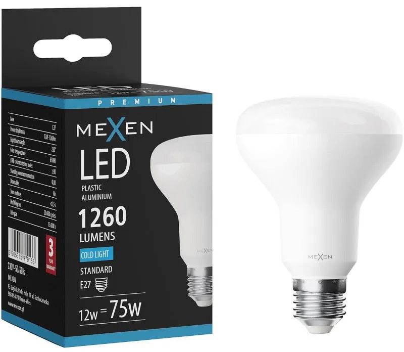 Mexen Nova, LED žiarovka E27, R80, 12W, Studená - 6500K, 1260 lm - L105-E27-1265-01