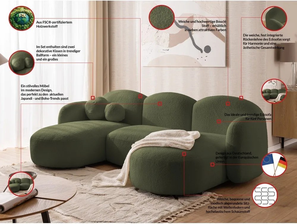 Zelená rohová pohovka z textílie buklé (do tvaru "U") Orbit – Ropez