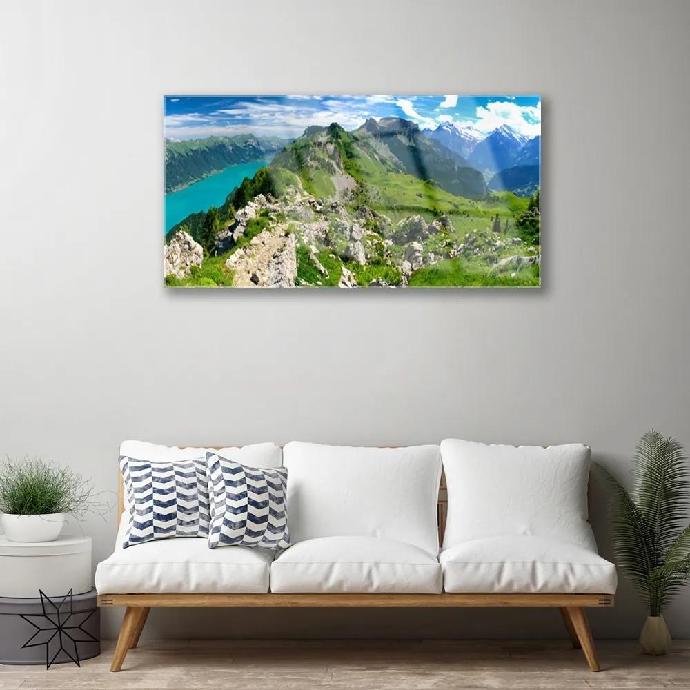 Skleneny obraz Lúka hory príroda príroda 125x50 cm