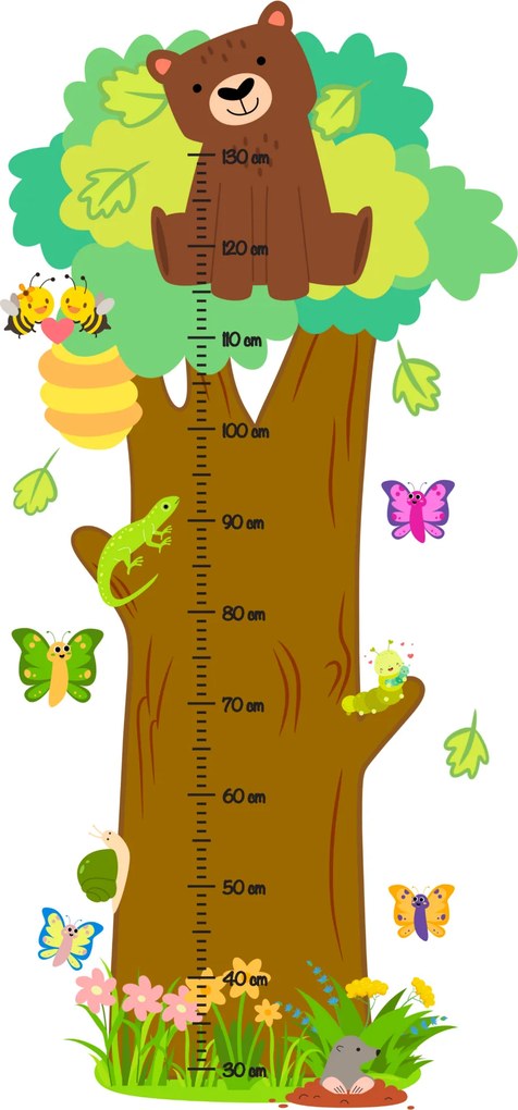 60x125cm Detský meter - strom so zvieratkami - textilná nálepka na stenu