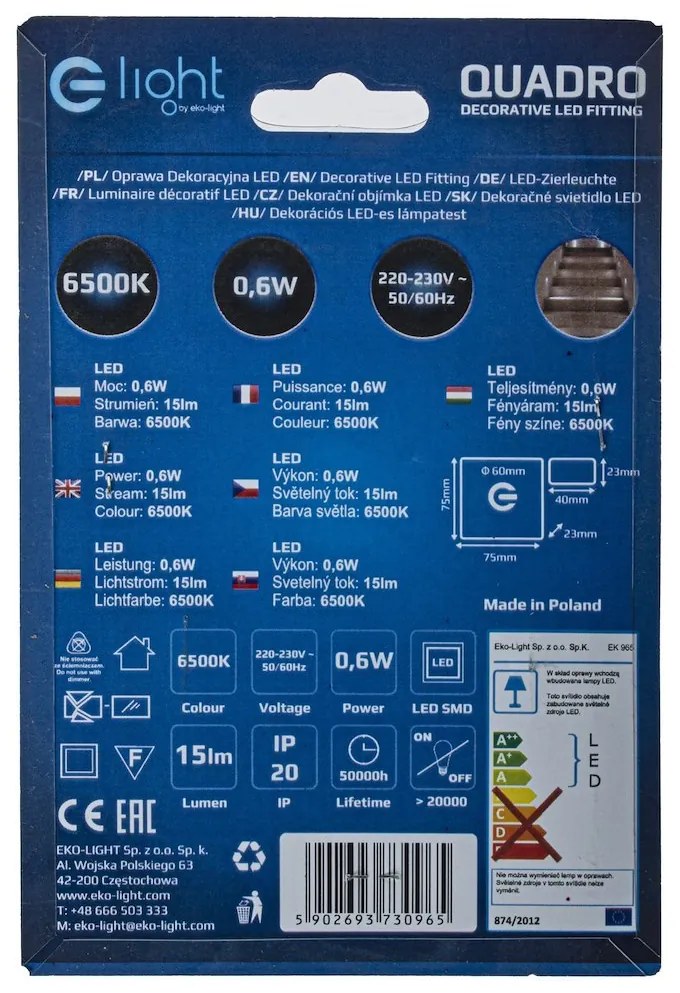 Schodiskové LED svietidlo Quadro, 1x LED 0,6w, 6500k, s