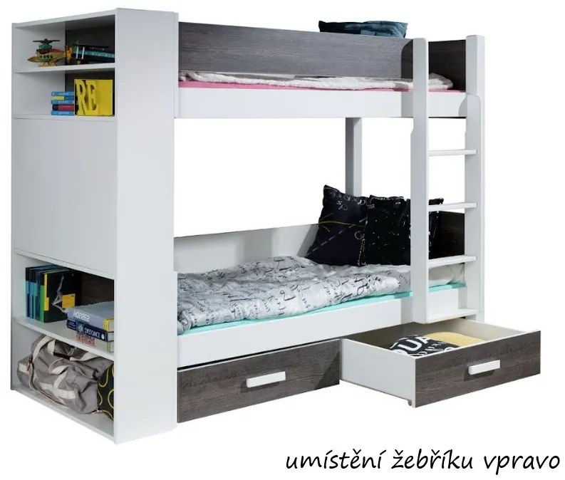 Detská poschodová posteľ z masívu borovice GASPAR so šuplíkmi a regálom - 200x90 cm - biela/dub sonoma