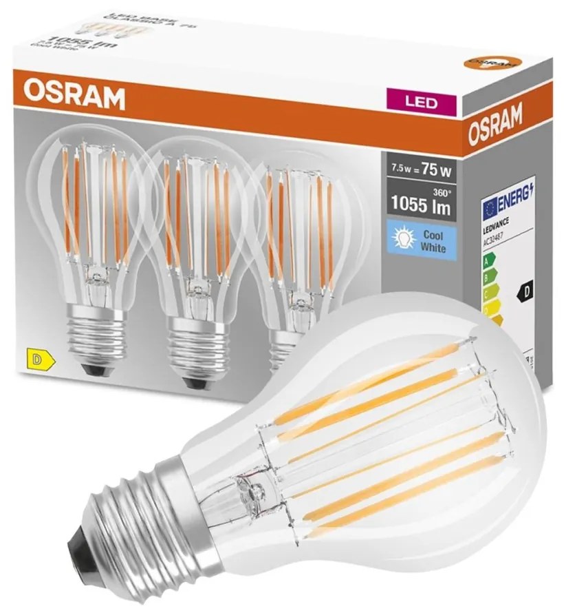 3PAK LED žiarovka E27 A60 CL 7,5W = 75W 1055lm 4000K Neutrálne 300° vlákno OSRAM BASE