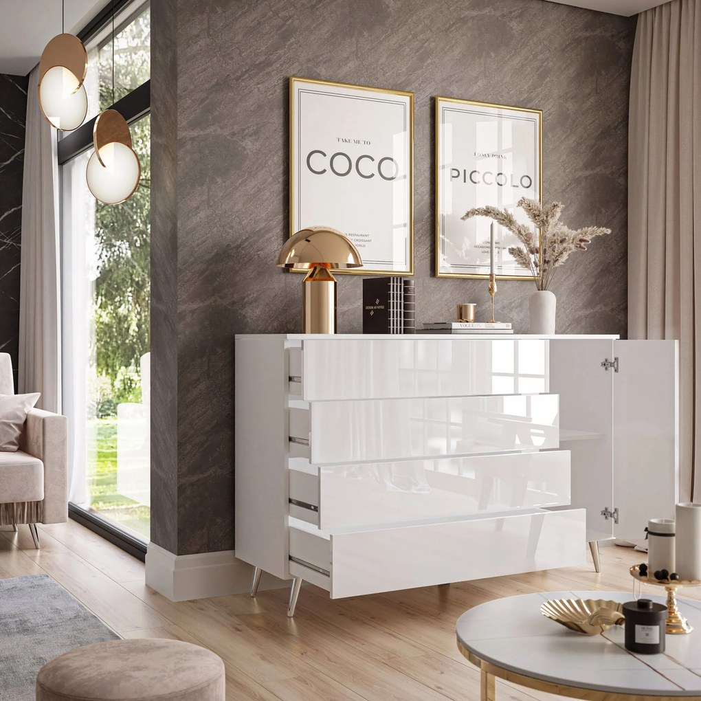 Komoda AMBROSIA na nožičkách biely lesk 138 cm s LED osvetlením