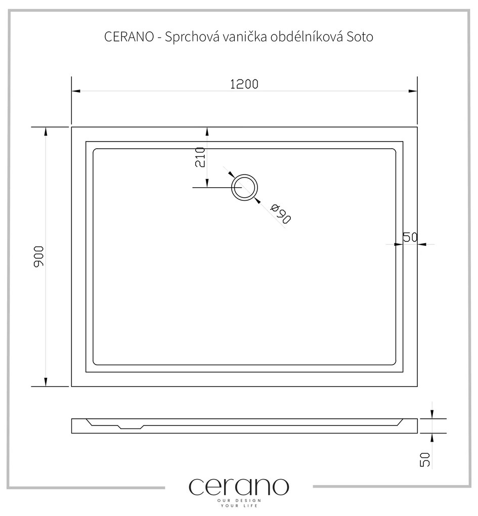 Cerano Soto, obdĺžniková akrytálová sprchová vanička 120x90x5 cm, biela, CER-CER-425566