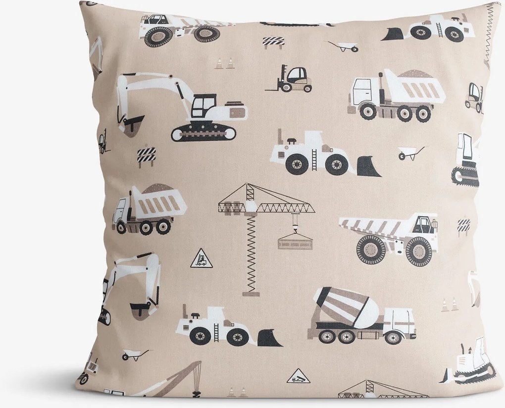 Goldea detská bavlnená obliečka na vankúš - nákladné autá a bagre na béžovom 50 x 60 cm