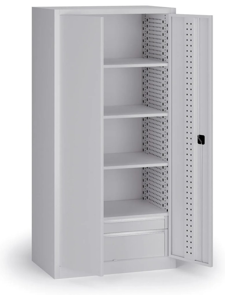 Policová dielenská skriňa na náradie KOVOS, perforovaný panel, 4 police, 2 zásuvky, 950 x 600 x 1950 mm, sivá