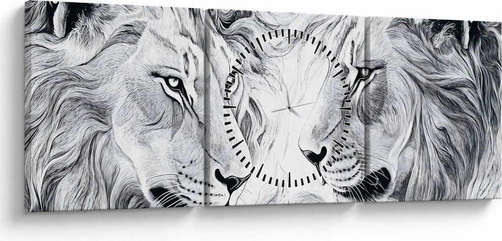 Obraz - Kreslené levie hlavy (s hodinami) (90x30 cm)