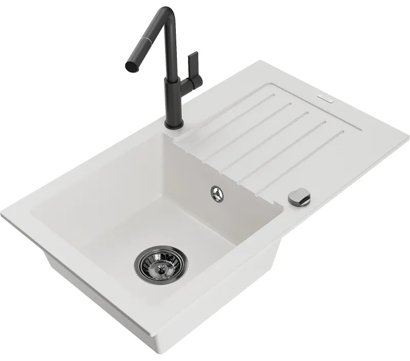 Mexen Pablo, 1-komorový granitový drez 752x436x161 mm a drezová batéria Flora, biela, 6510-20-670401-70-B