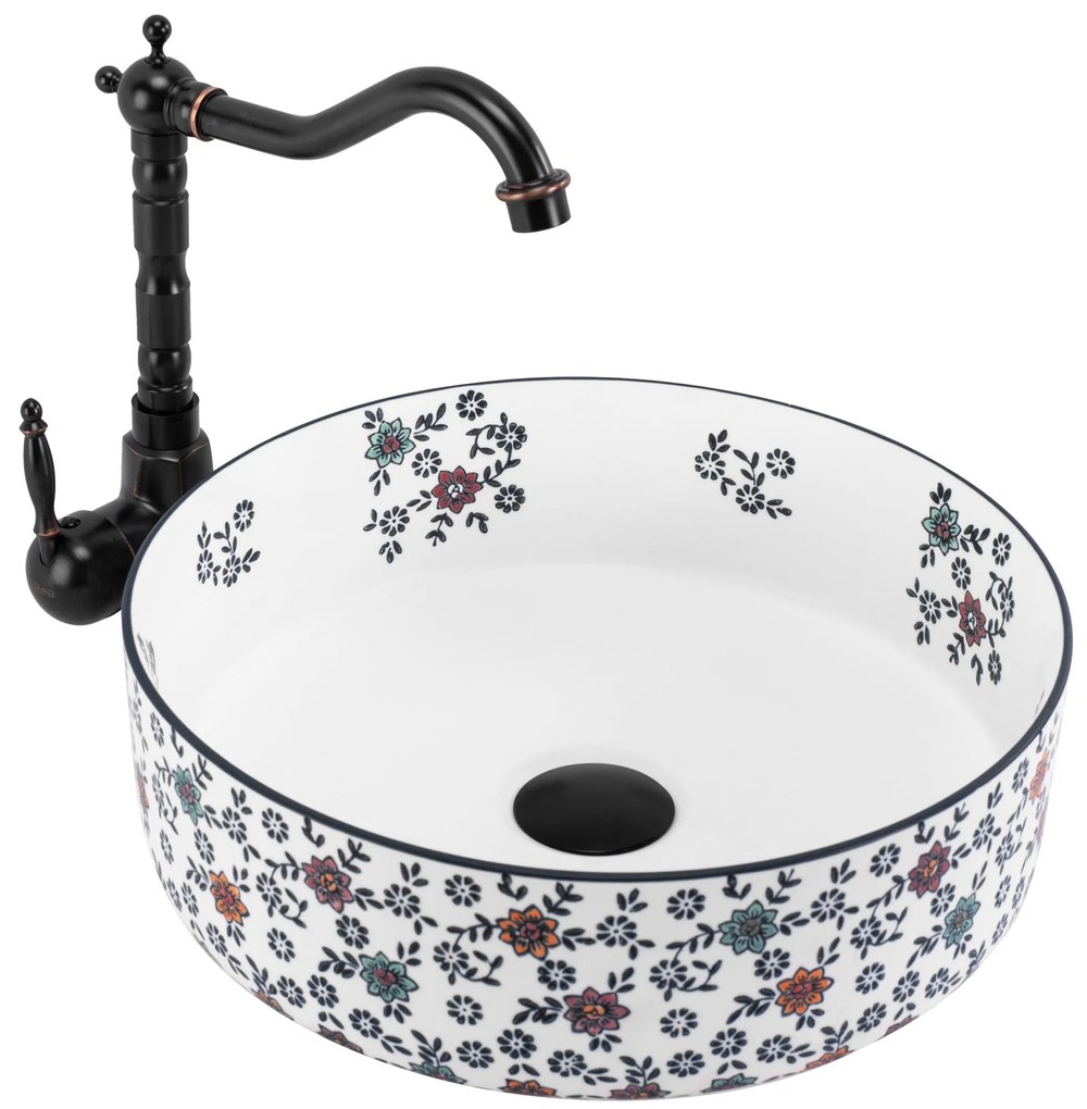 Rea Stefania Fiori, umývadlo na dosku 360x360x120 mm, biela so vzorom, REA-U9853