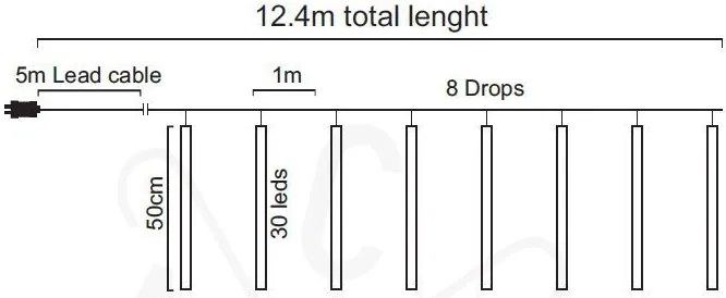 ACA Lighting LED vianočné záves Cencúle, 12,4m, studená biela, IP44, 240 LED