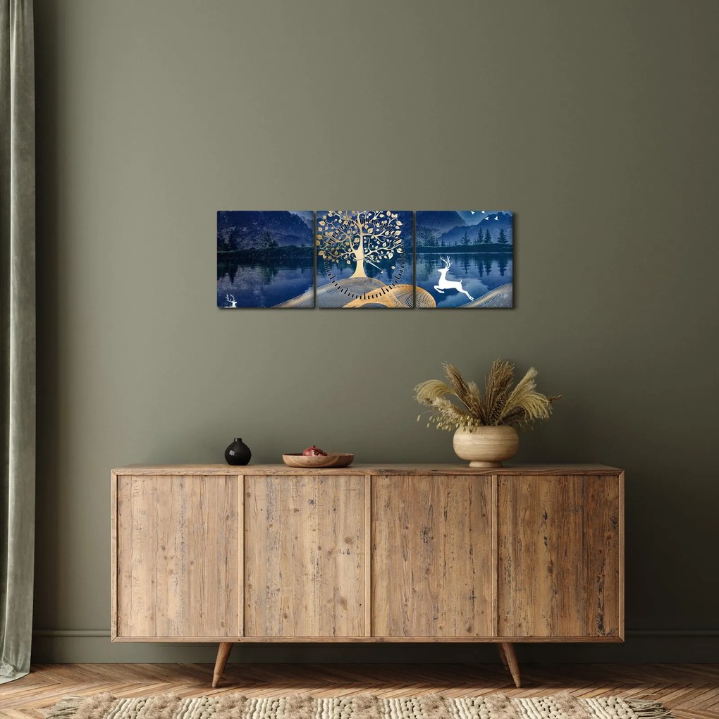 Obraz jeleňov pri splne (s hodinami) (90x30 cm)