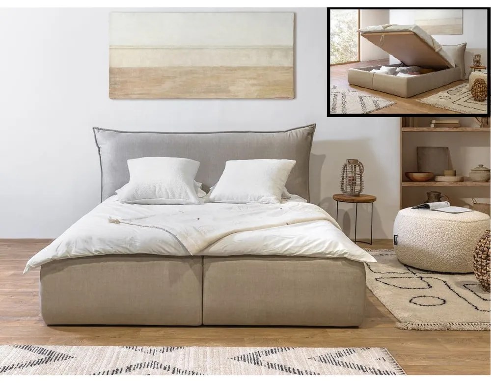 Béžová zamatová čalúnená dvojlôžková posteľ s úložným priestorom s roštom 160x200 cm Jade - Bobochic Paris