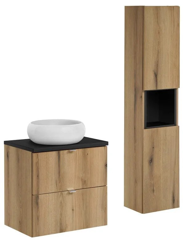 Kúpeľňová zostava Nova Oak Wiki so skrinkami a umývadlom 60 cm dub Evoke/čierna