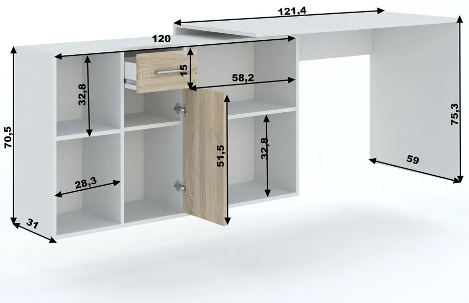 Rohový písací stôl ZAVALLA - dub sonoma / biely