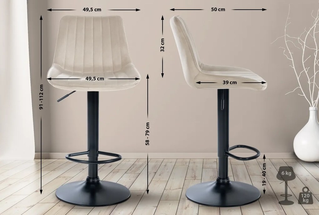 2x Barová stolička Toni - zamat, čierny rám - Krémová