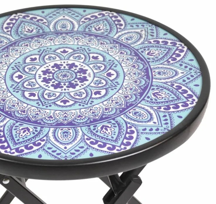 Záhradný bistro stolík, skladací, Ø 45 cm, modrý/vzorovaný