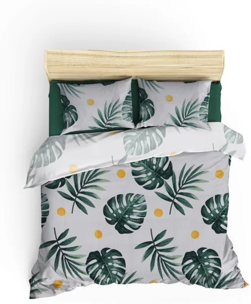Súprava 4-dielnej bavlnenej posteľnej bielizne s prikrývkou Monstera zelená/biela
