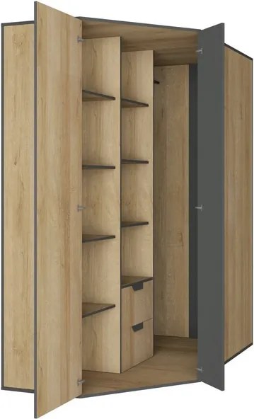 Rohová šatníková skriňa Nano, dub/grafit