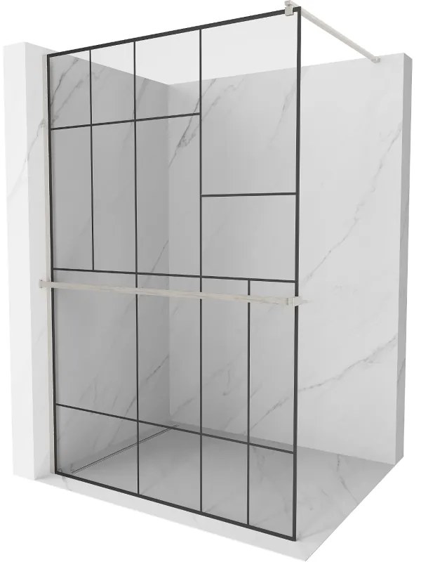 Mexen Kioto+, sprchová zástena Walk-In s poličkou a vešiakom 120 x 200 cm, 8mm číre sklo čierny vzor, brúsená oceľ profil, 800-120-121-97-78